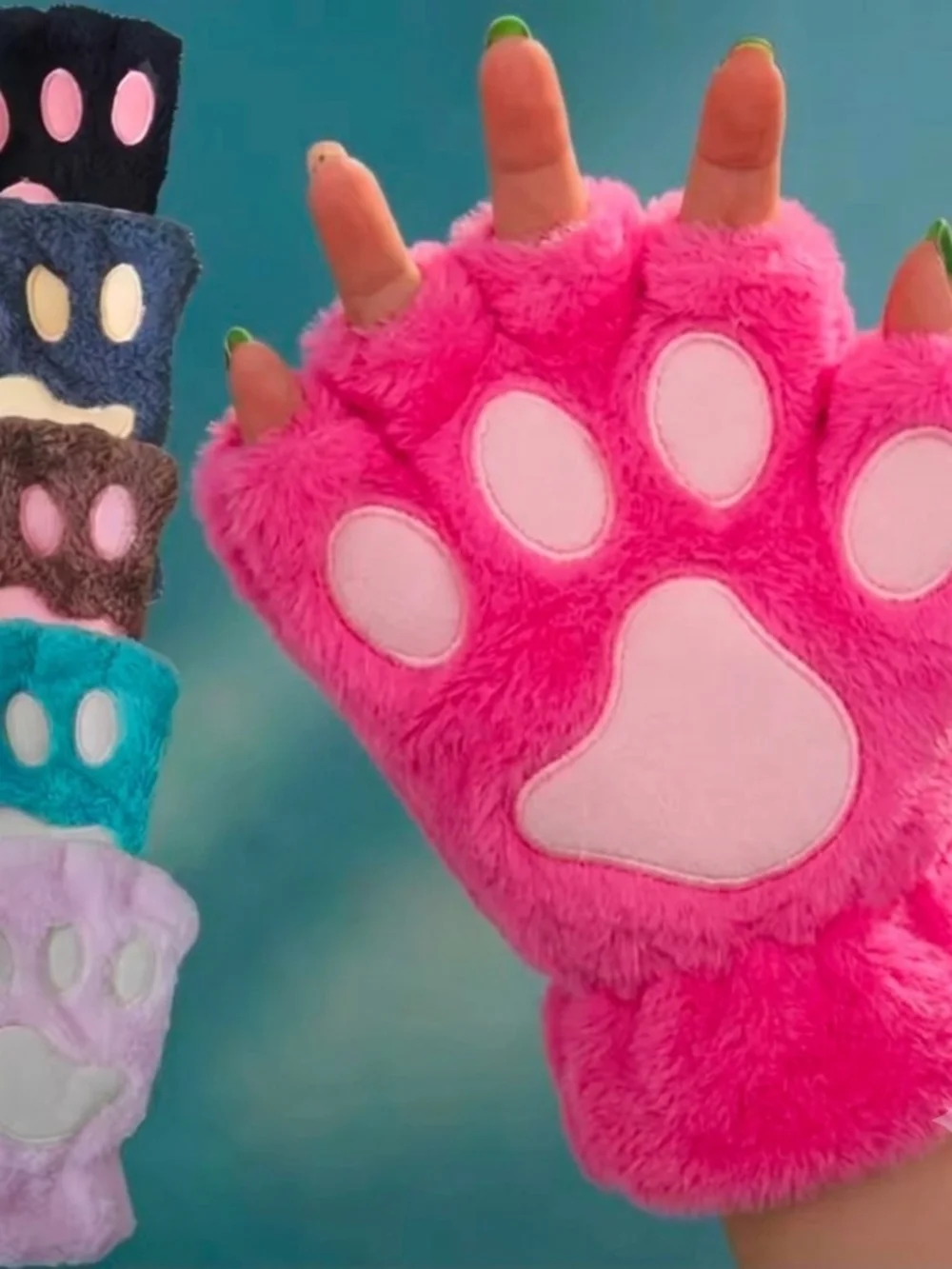 Pink Plush Paw Gloves - Fuzzy Fingerless Mitts